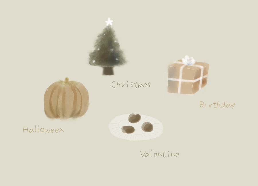 木とかぼちゃとチョコレートとプレゼントのイラスト