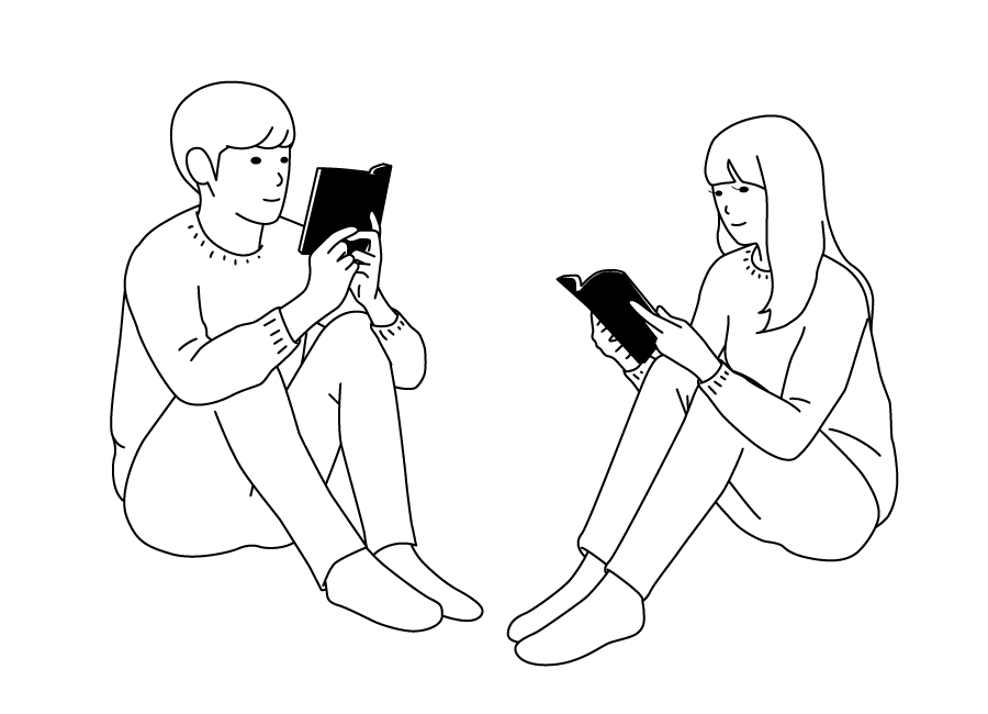 床に座って本を読む男女のイラスト